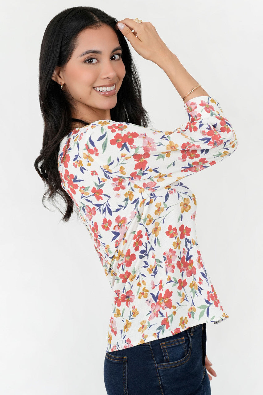 Blusa Vienna Lino Manga 3/4 Escote V con Presillas