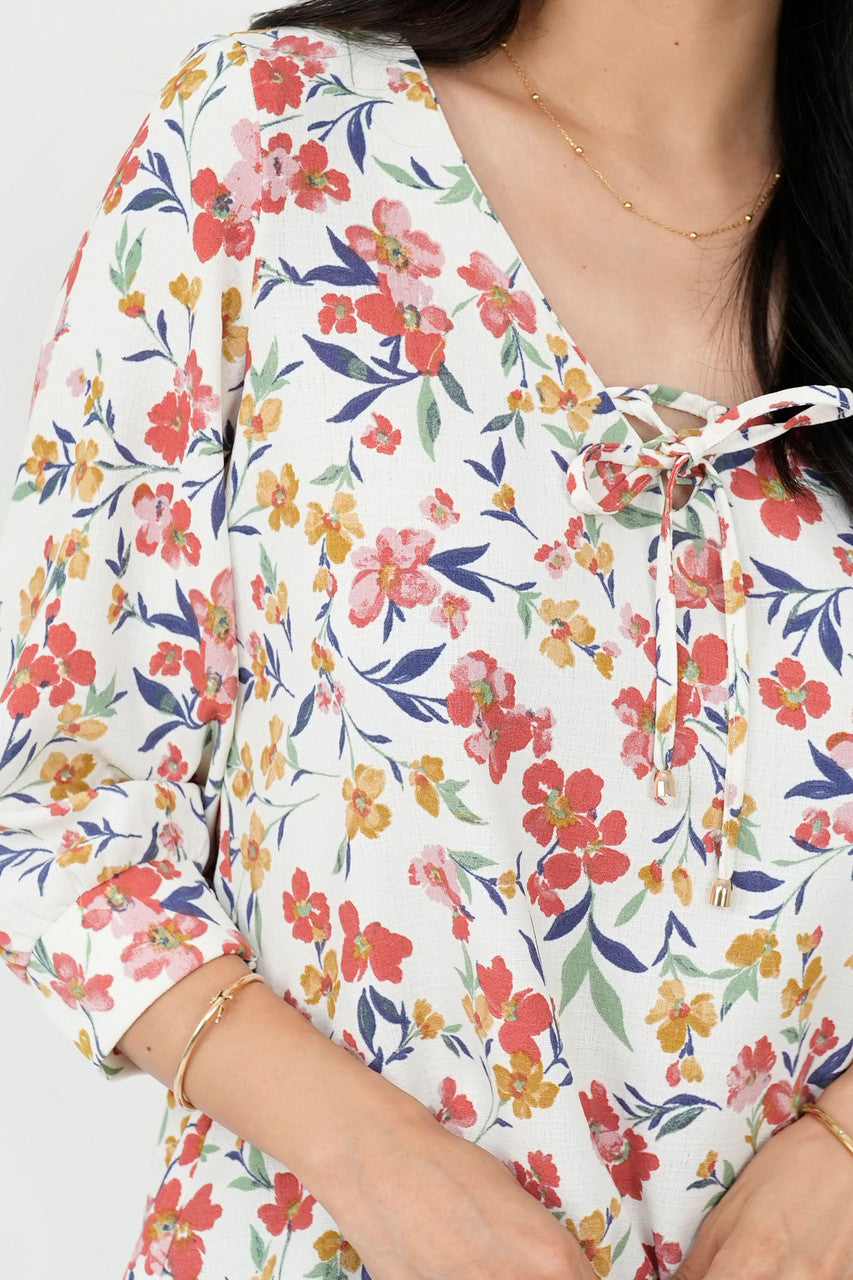 Blusa Vienna Lino Manga 3/4 Escote V con Presillas