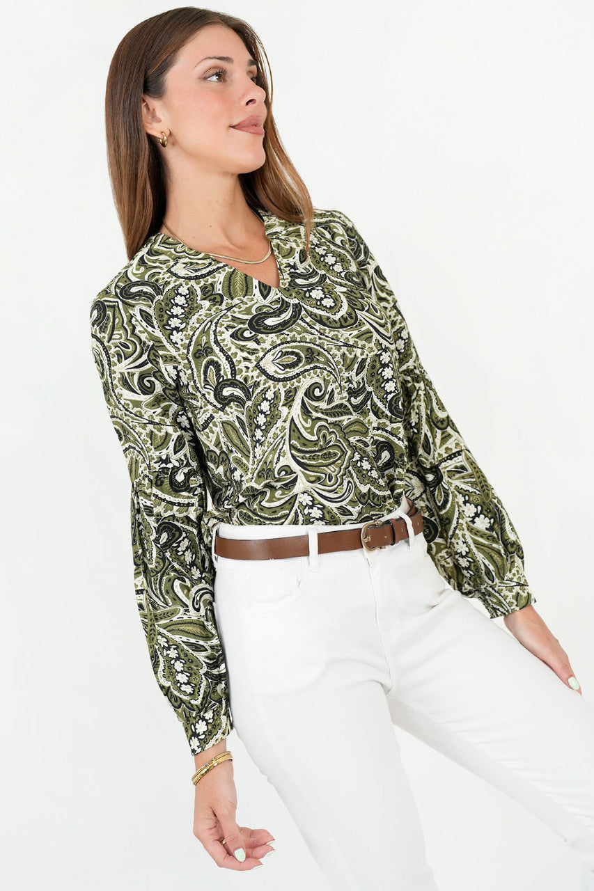 Blusa Manga Larga Abullonada Rayon Estampado