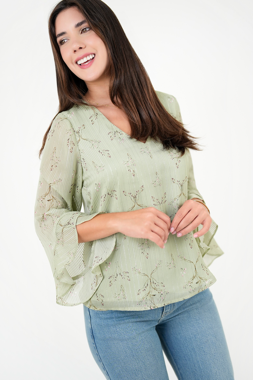 Blusa Manga 5/8 con Ruffle en Gasa Hindu