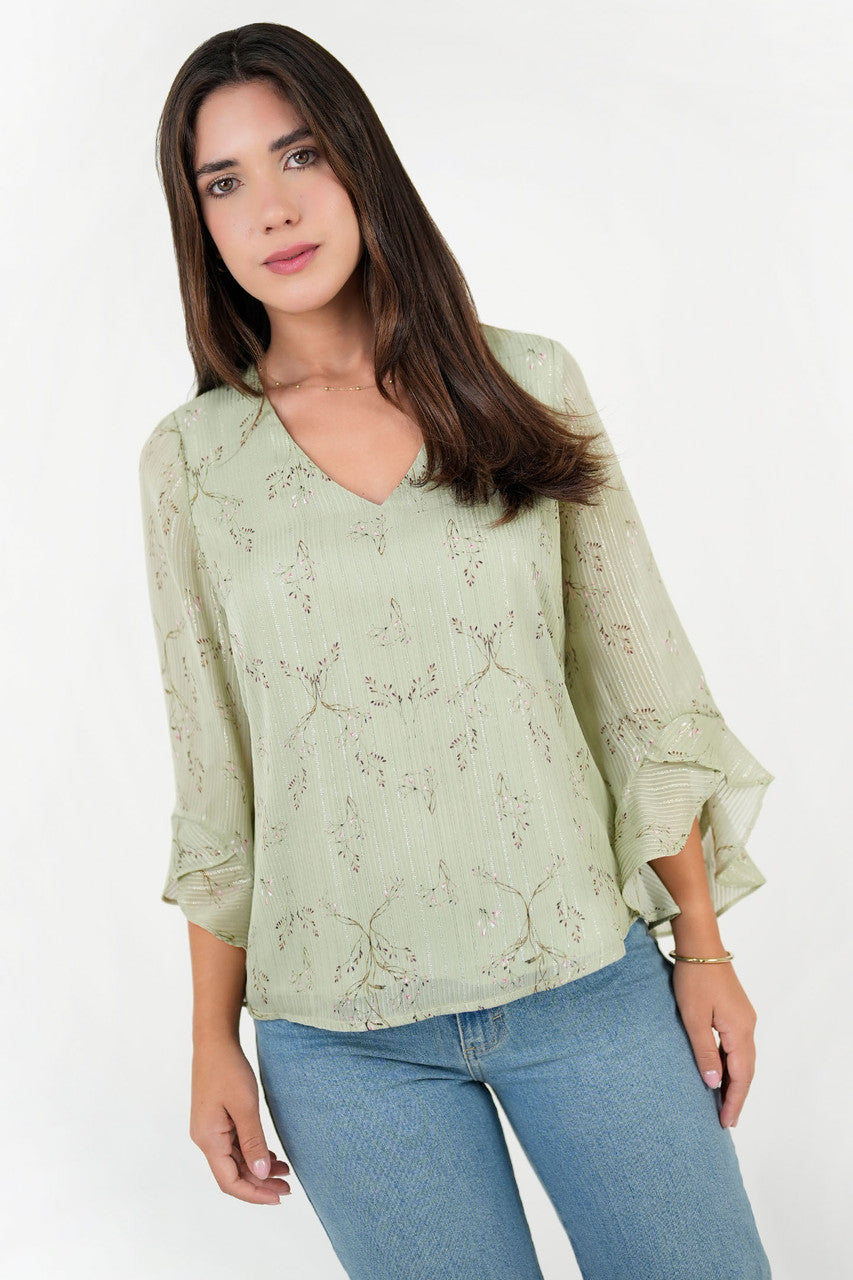 Blusa Manga 5/8 con Ruffle en Gasa Hindu
