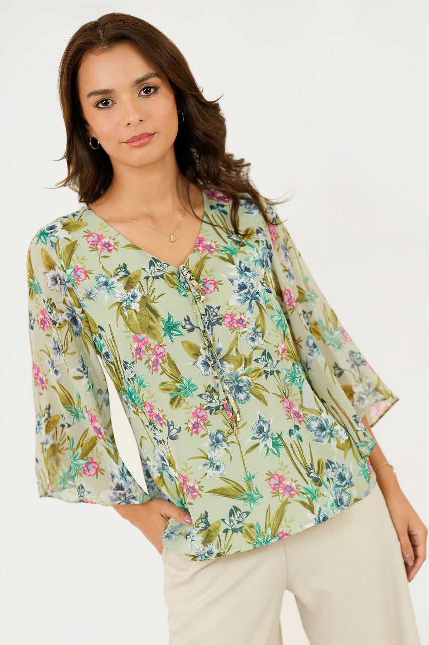 Blusa Manga 3/4 Gasa Estampada con Lazo Escote en V