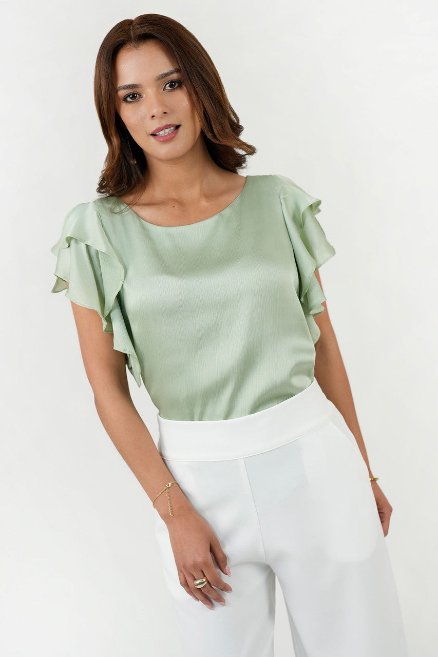 Blusa Satín Hindú Manga Ruffle Escote Ojal