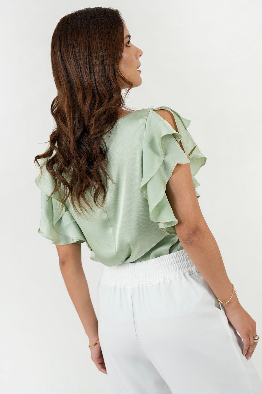 Blusa Satín Hindú Manga Ruffle Escote Ojal
