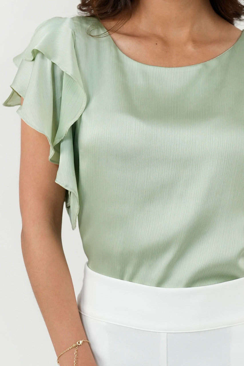 Blusa Satín Hindú Manga Ruffle Escote Ojal