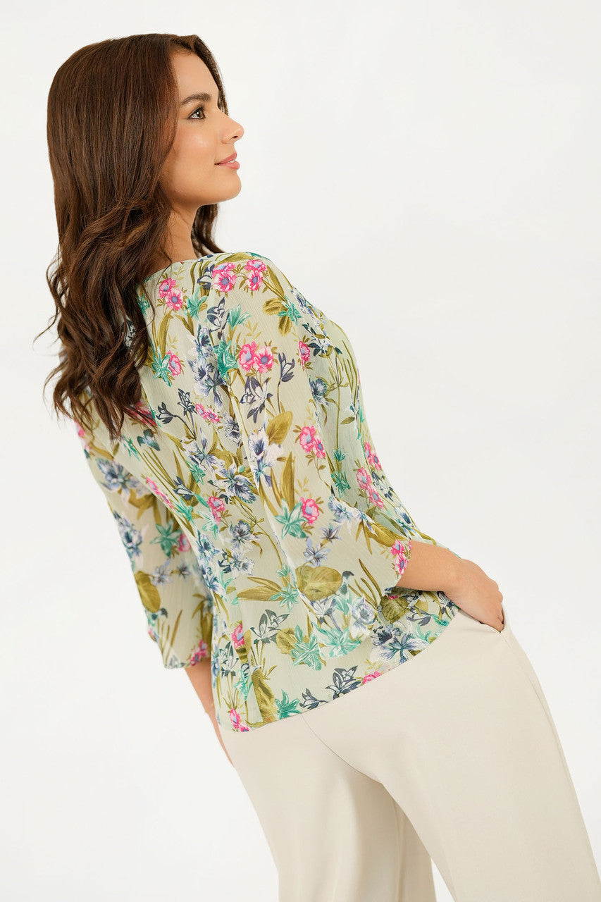 Blusa Manga 3/4 Gasa Estampada con Lazo Escote en V