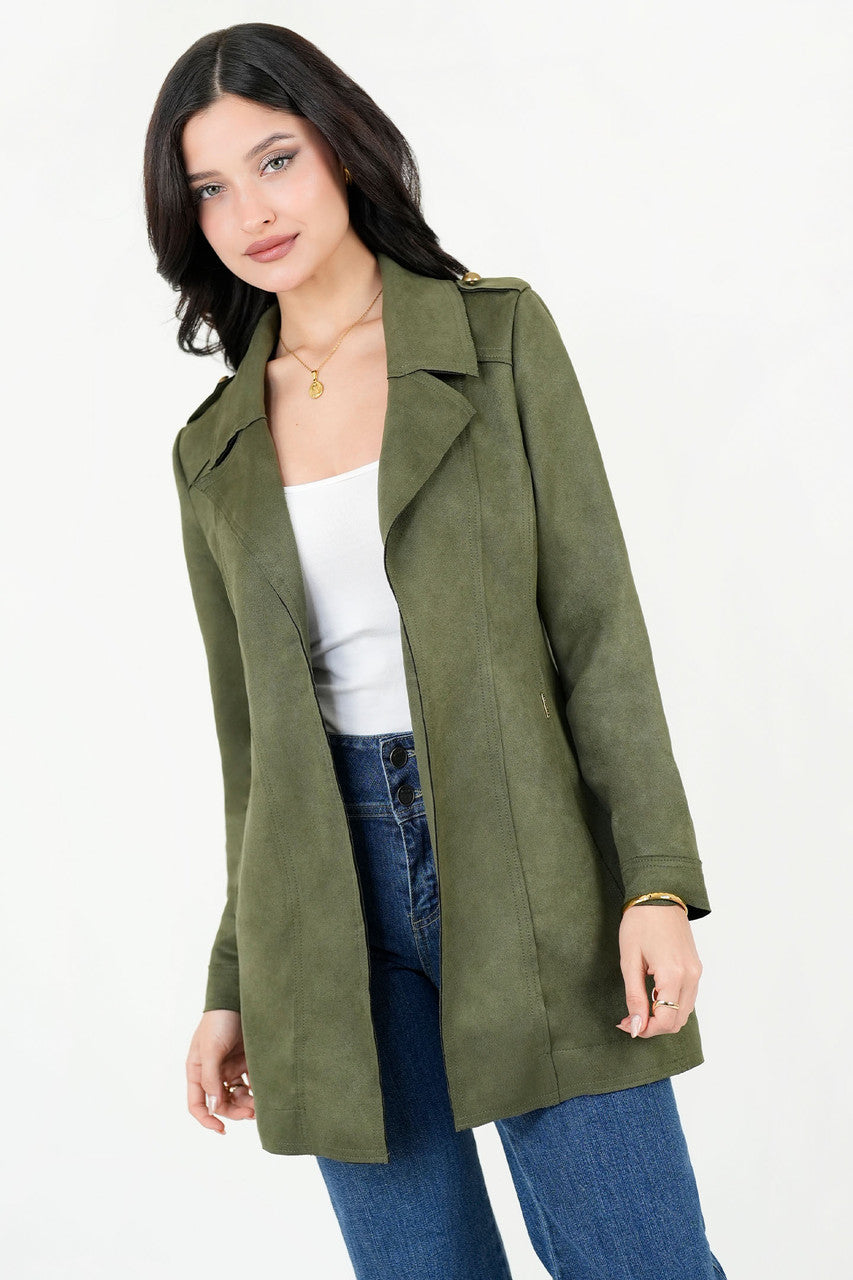 Chaqueta Larga Rústica Suede con Solapa y Cuello Sport