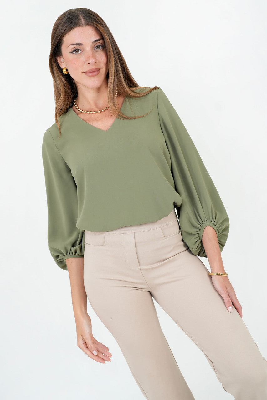 Blusa Manga 5/8 Seda Satinada Escote V con Manga Abullonada