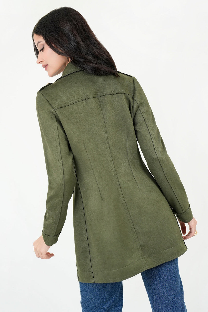 Chaqueta Larga Rústica Suede con Solapa y Cuello Sport