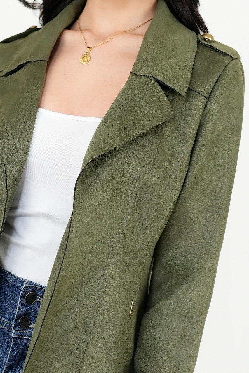 Chaqueta Larga Rústica Suede con Solapa y Cuello Sport