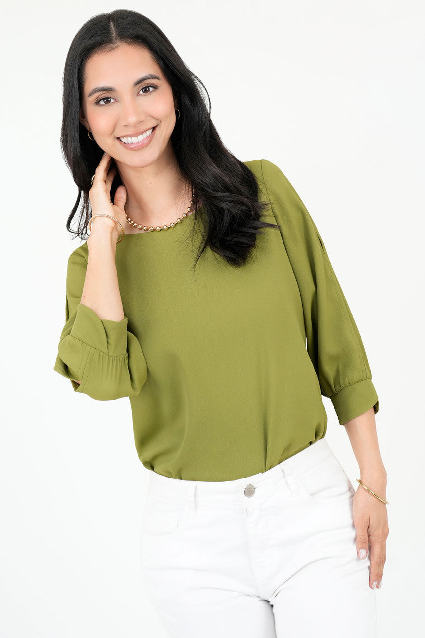 Blusa Gasa Crepe Manga 3/4 Escote Ojal con Puño Tulipán