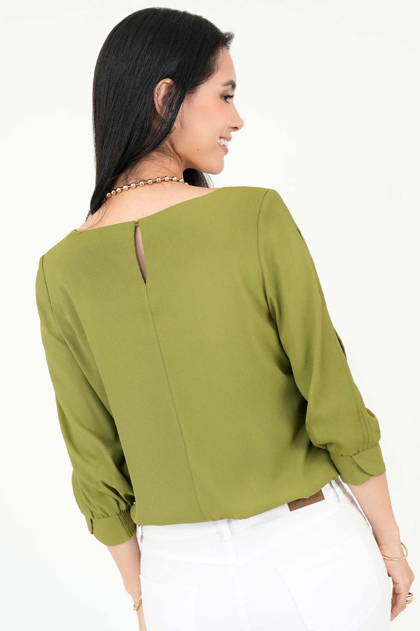Blusa Gasa Crepe Manga 3/4 Escote Ojal con Puño Tulipán