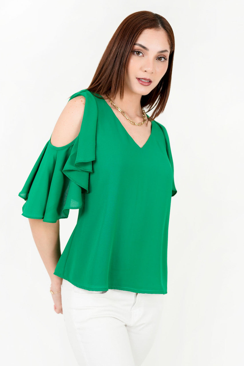 Blusa Gasa Crepé Escote V con Ruffle