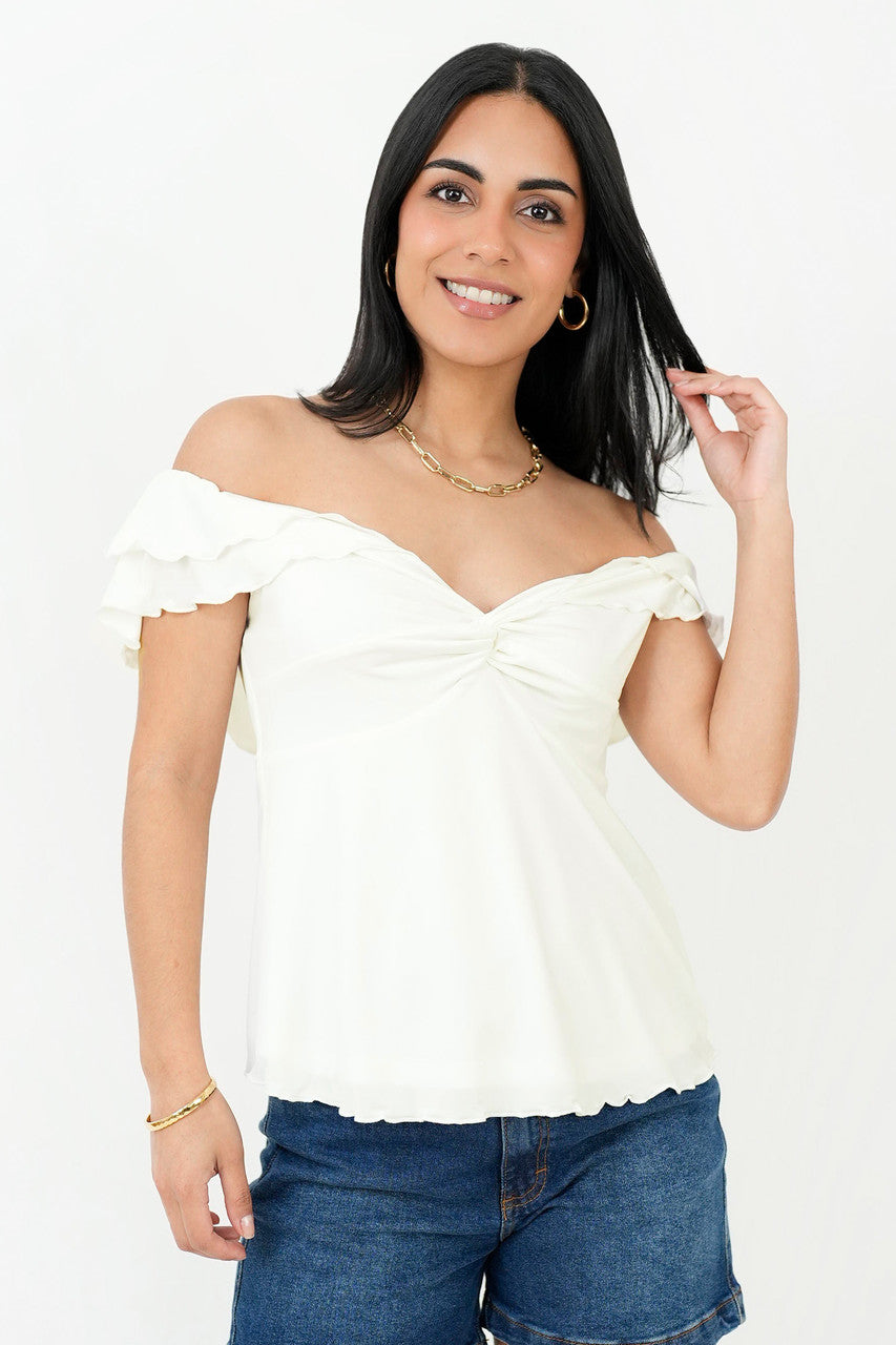 Polo off shoulder nudo en escote