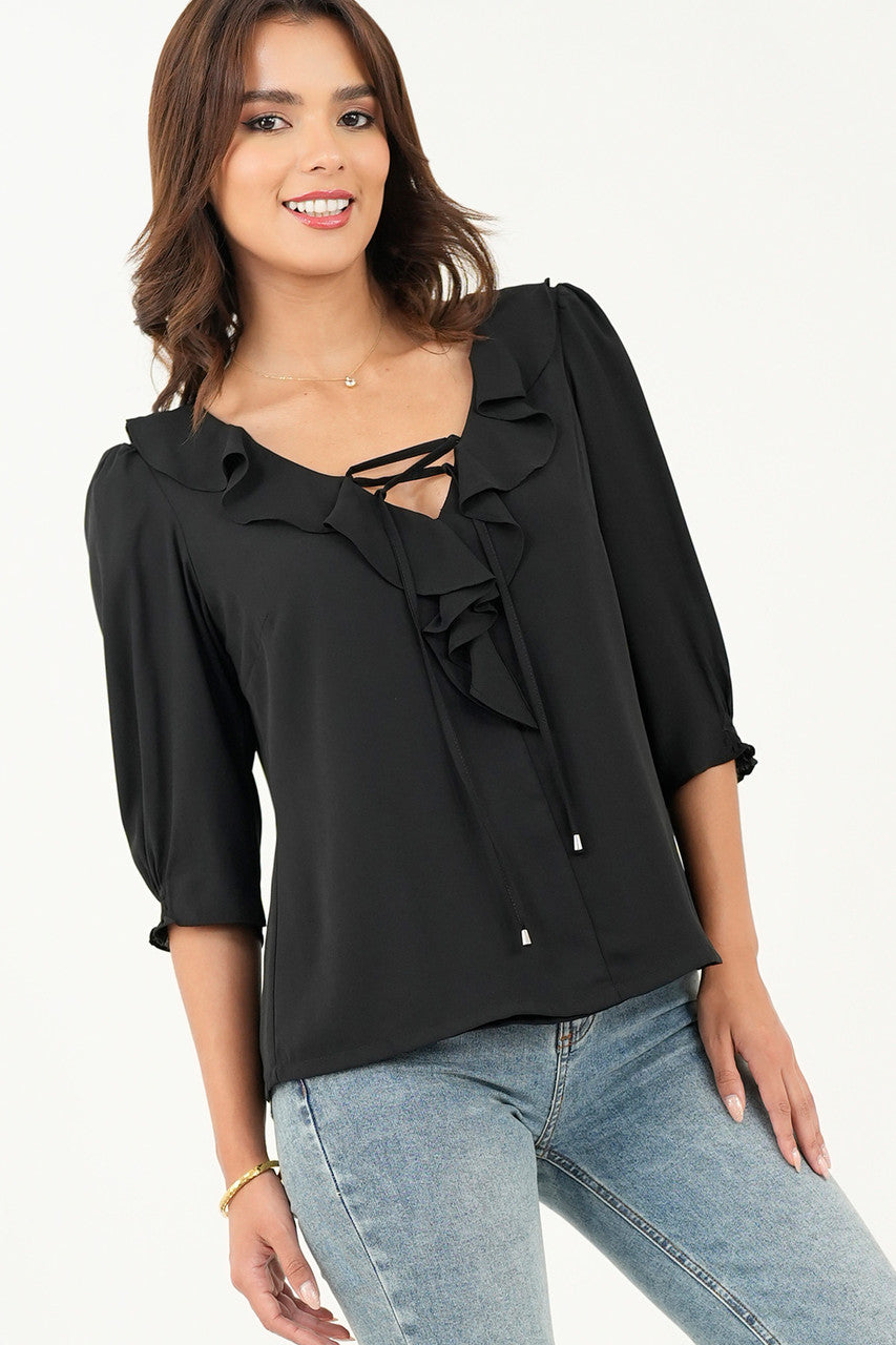 Blusa manga 3/4 escote con ruffle