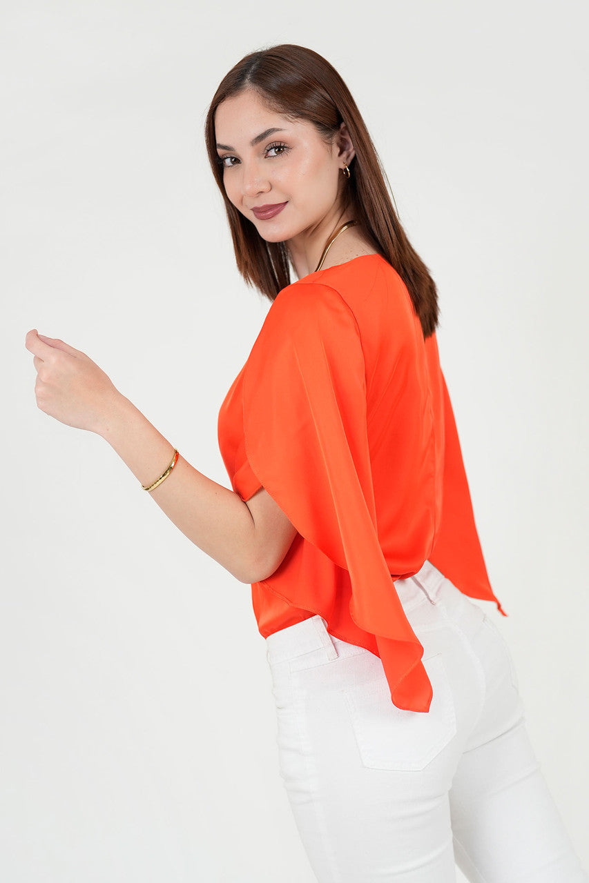 Blusa Seda Satín Manga Tulipán