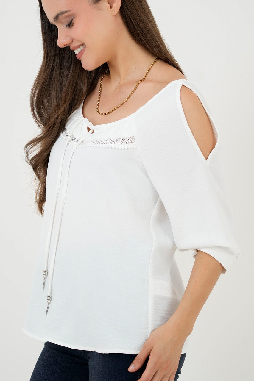 Blusa Manga 3/4 Canesú Bolillo Calado