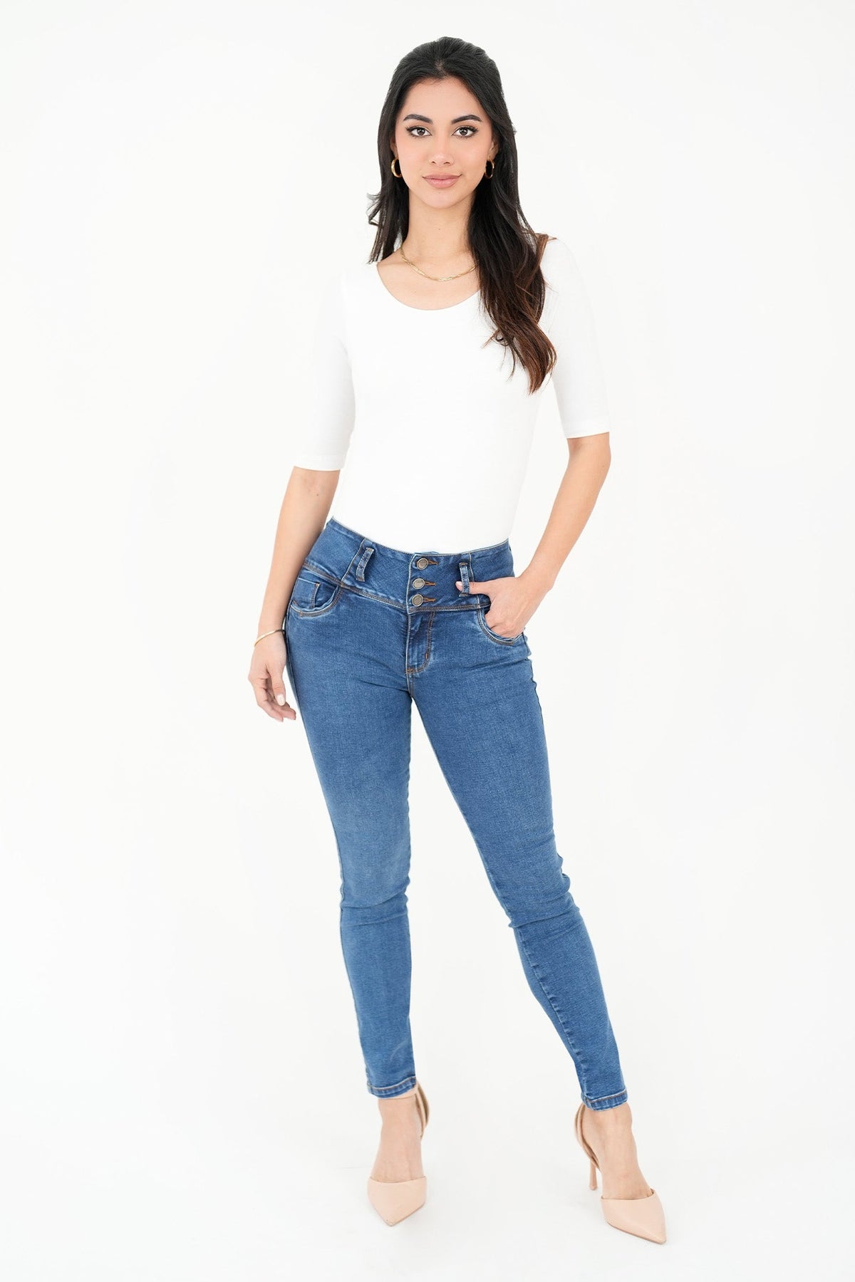 Pantalón Pitillo Cintura Alta Tres Botones PAN06103DENCEL34