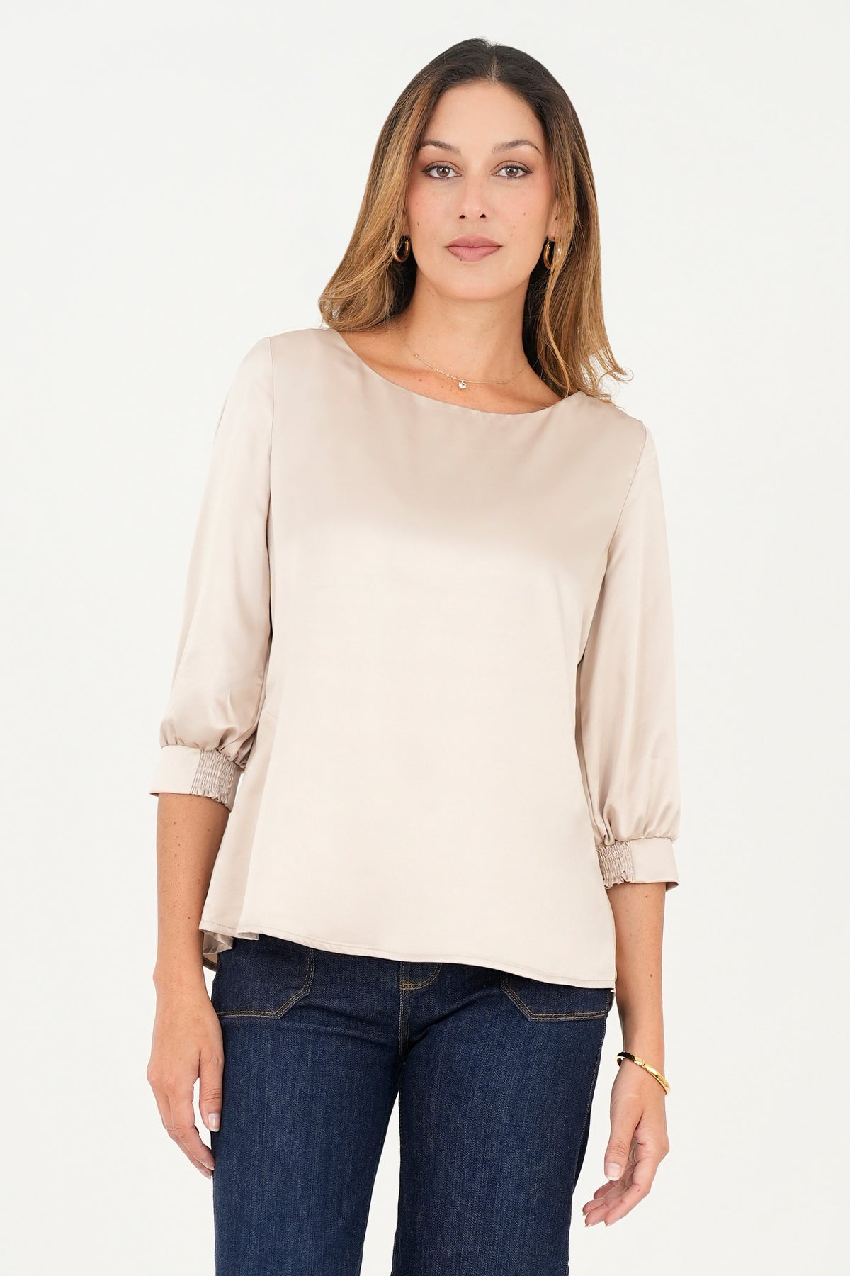 Blusa manga 3/4 escote ojal corte clásico BLU07116STNBEISM