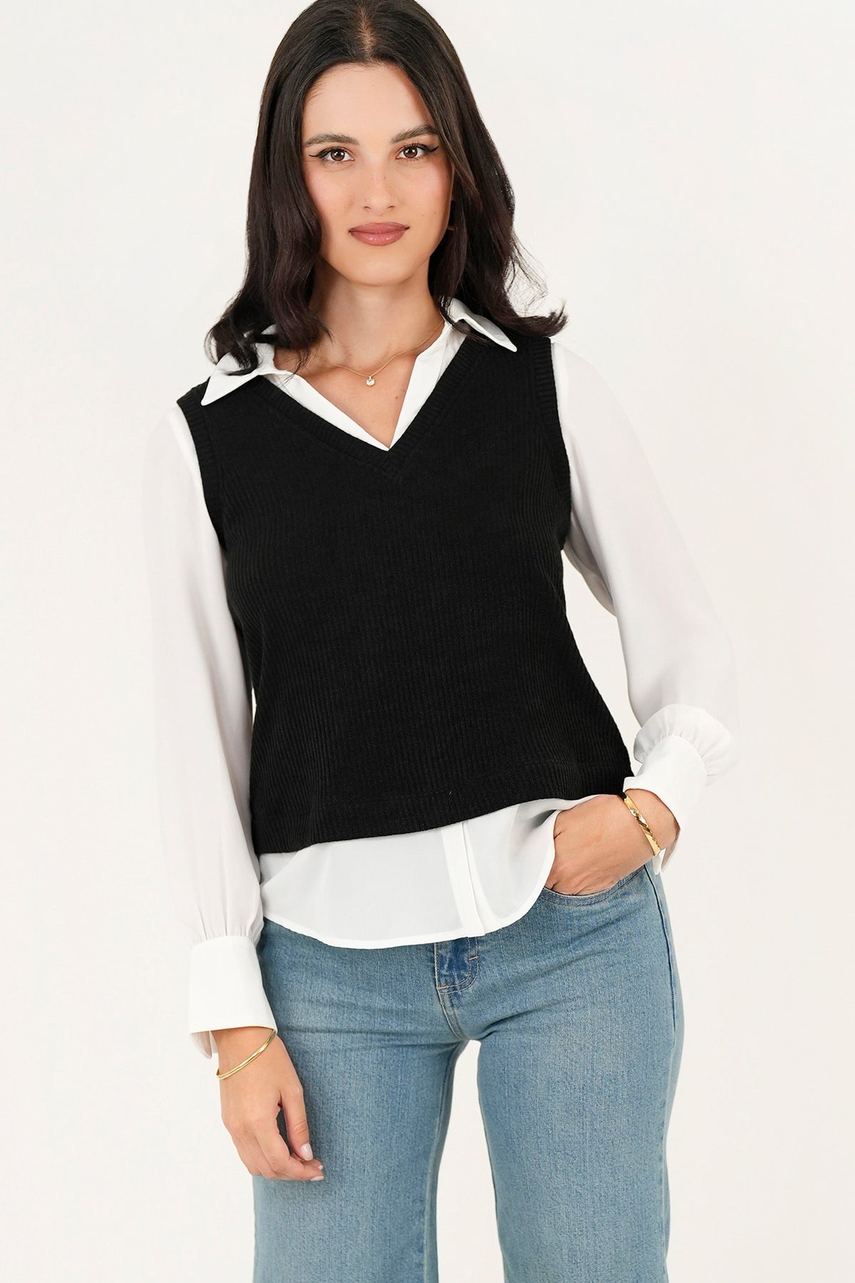 Blusa/Chaleco cuello en V BLU07026CHPNEGLA