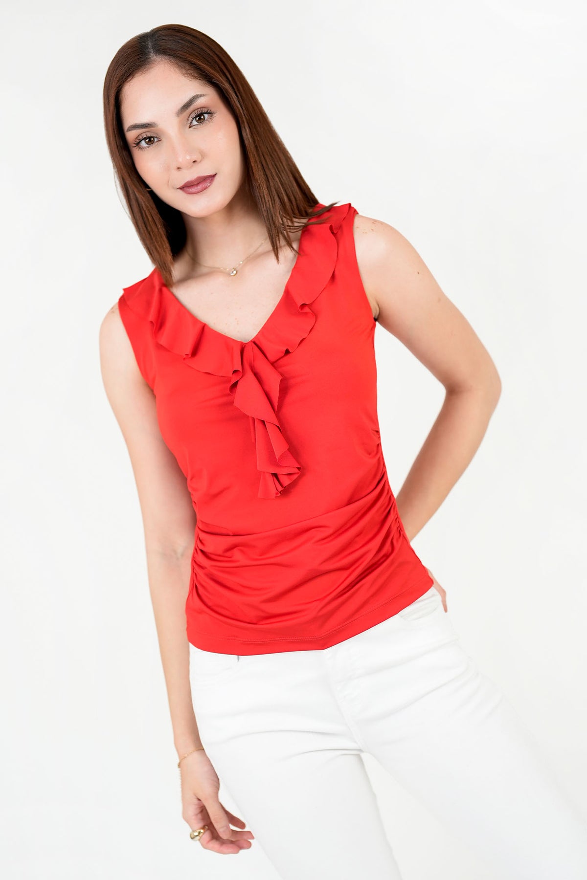 Polo Licra Spandex Escote V con Ruffle POL08150LYXROJXL