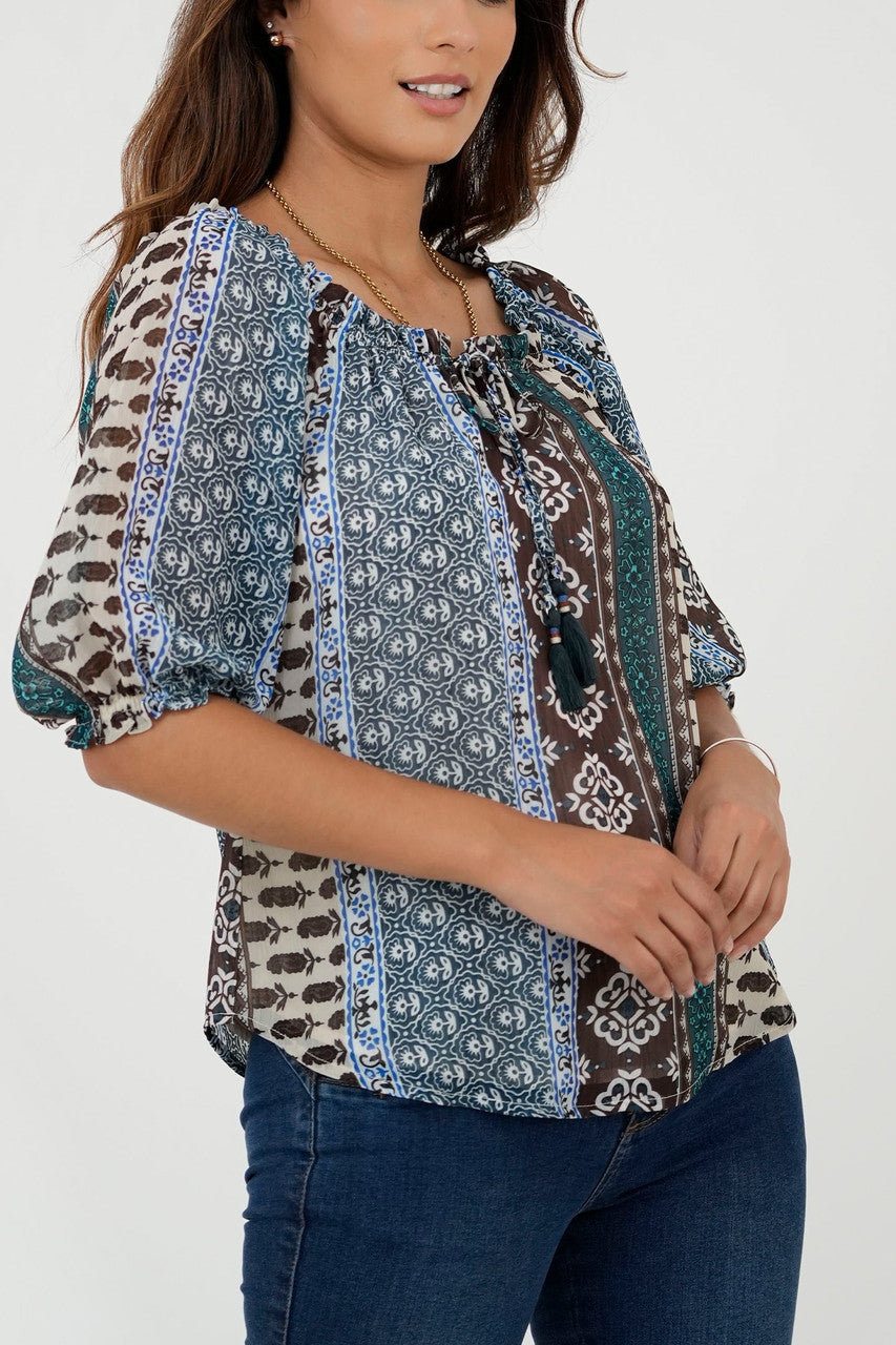 Blusa Manga Abullonada 3/4 Escote Bote