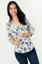 Blusa Vienna Lino Manga 3/4 Escote V con Presillas