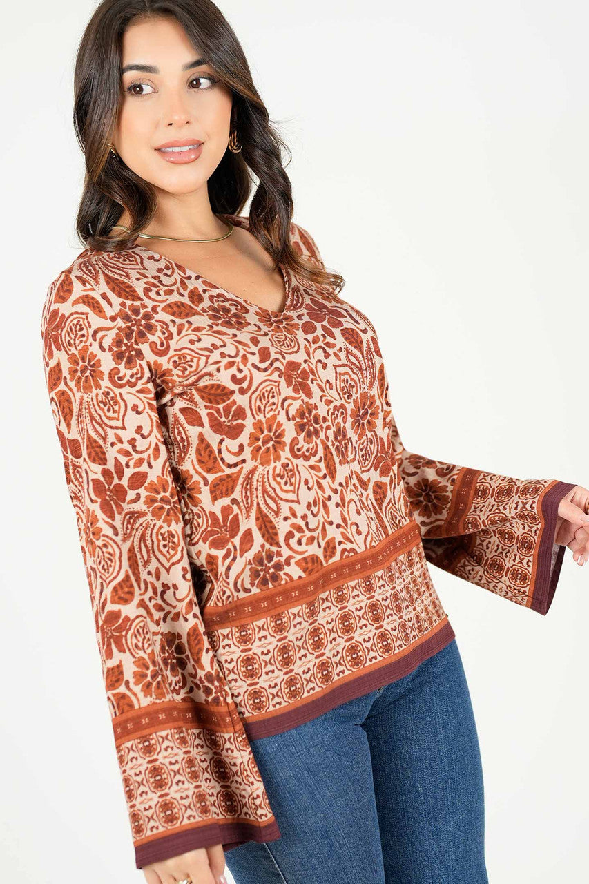 Blusa Estampada Con Manga Acampanada y Escote V