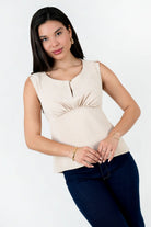 Blusa Seda Escote Ojal con Fruncido Bajo Busto