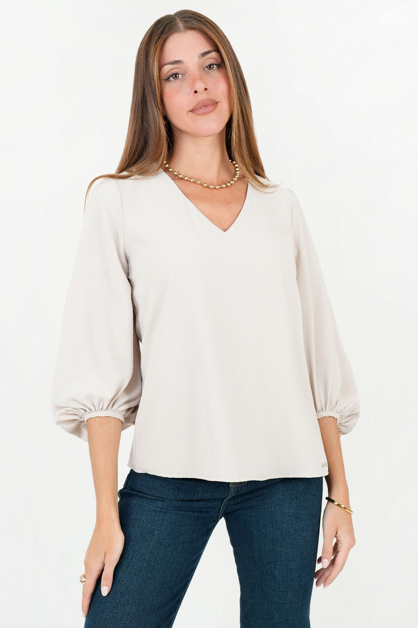 Blusa Manga 5/8 Seda Satinada Escote V con Manga Abullonada