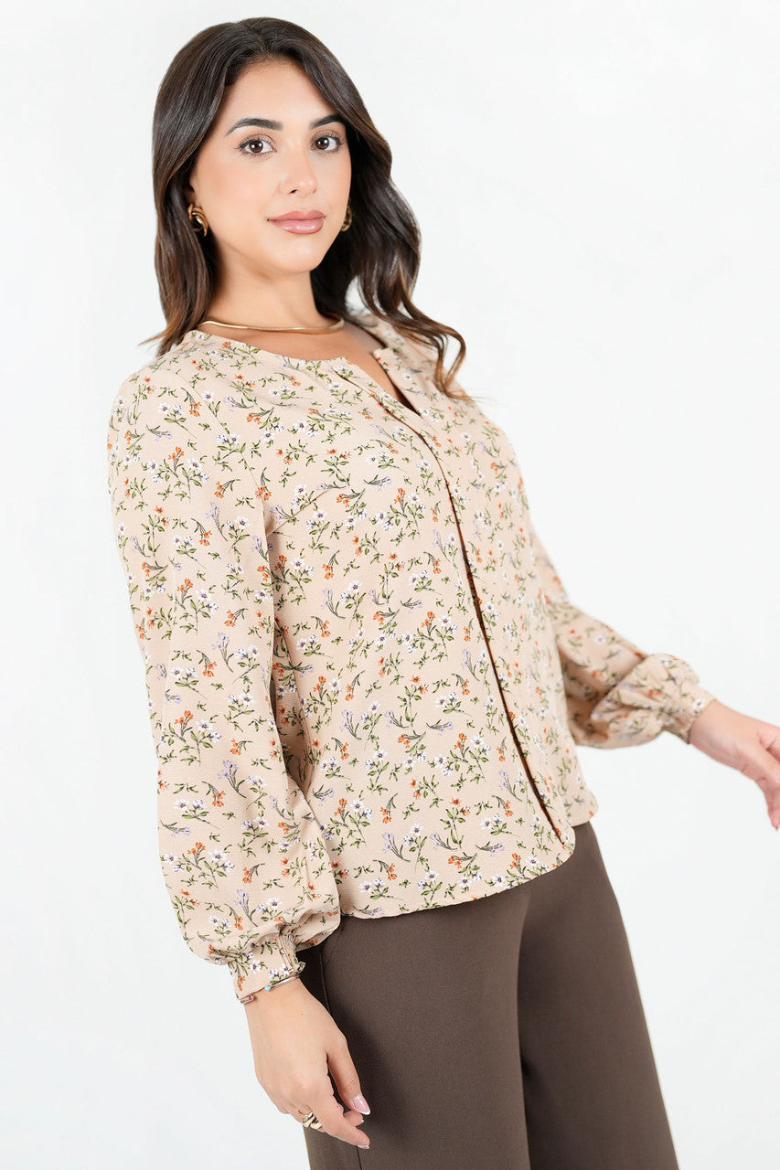 Blusa Manga Larga Seda Corrugada con Escote