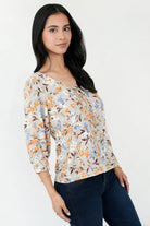 Blusa Vienna Lino Manga 3/4 Escote V con Presillas