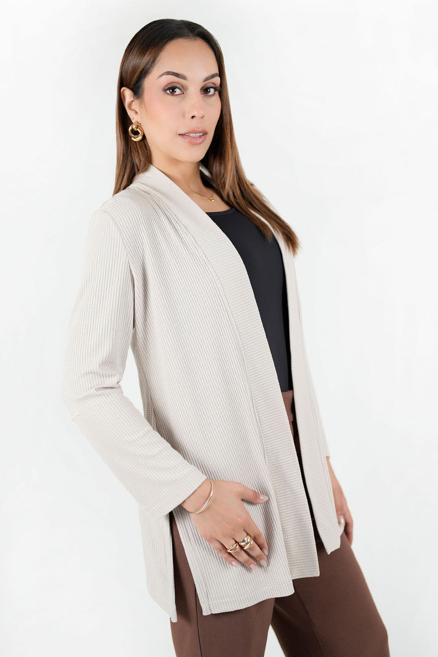 Cárdigan largo en chompero wafer con escote V y manga larga