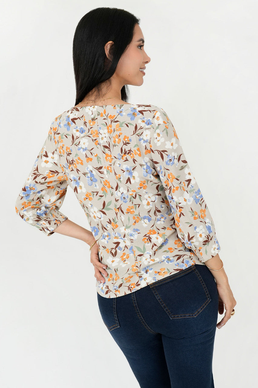 Blusa Vienna Lino Manga 3/4 Escote V con Presillas