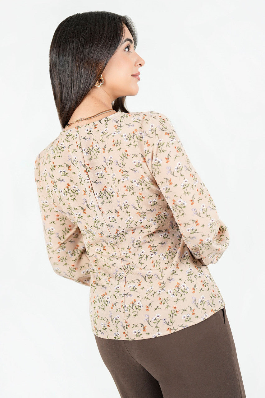Blusa Manga Larga Seda Corrugada con Escote