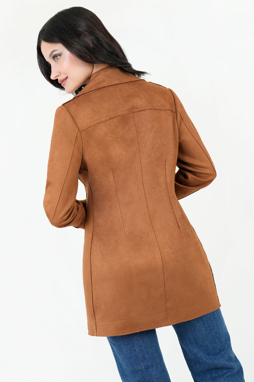 Chaqueta Larga Rústica Suede con Solapa y Cuello Sport