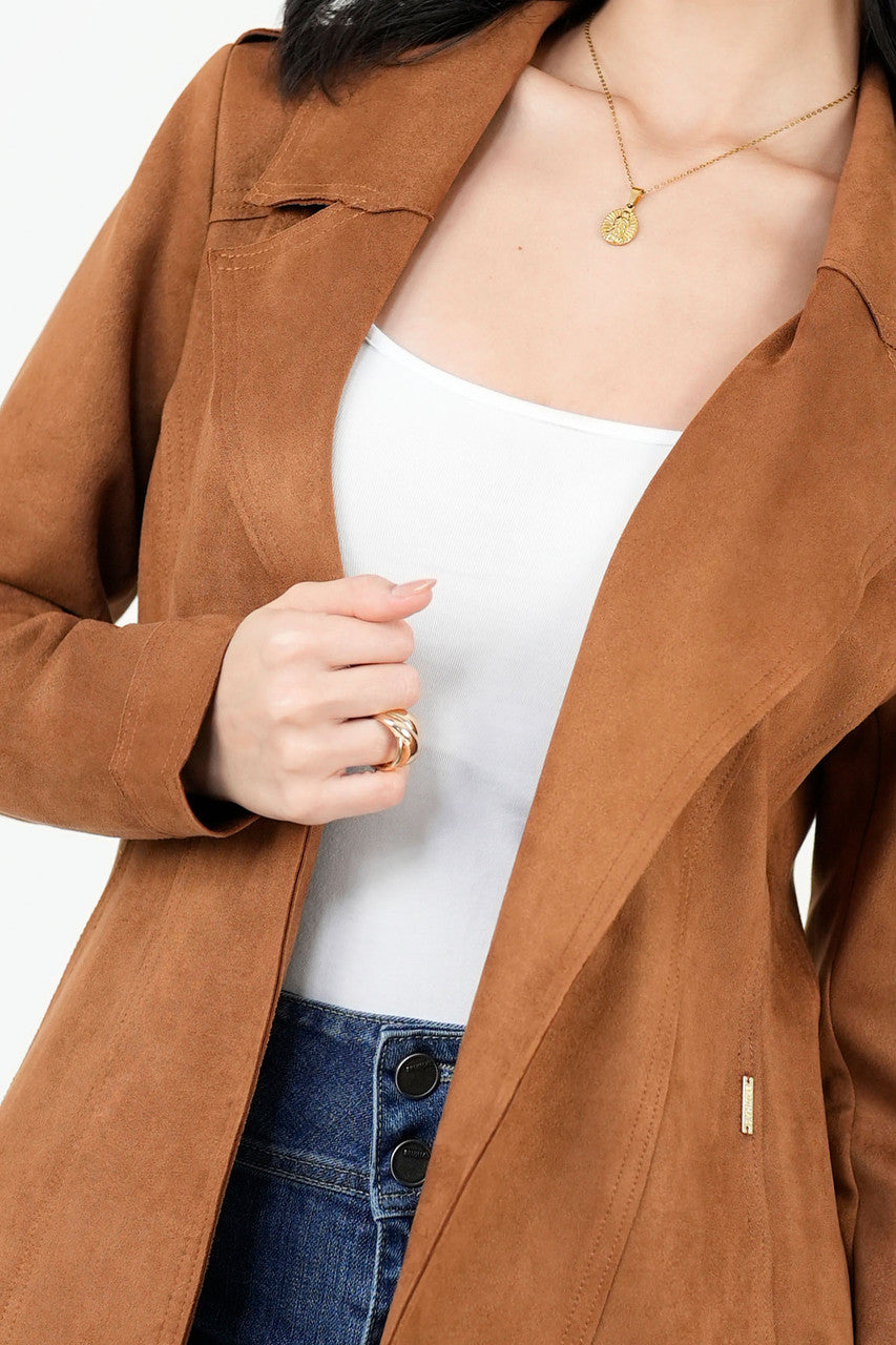 Chaqueta Larga Rústica Suede con Solapa y Cuello Sport