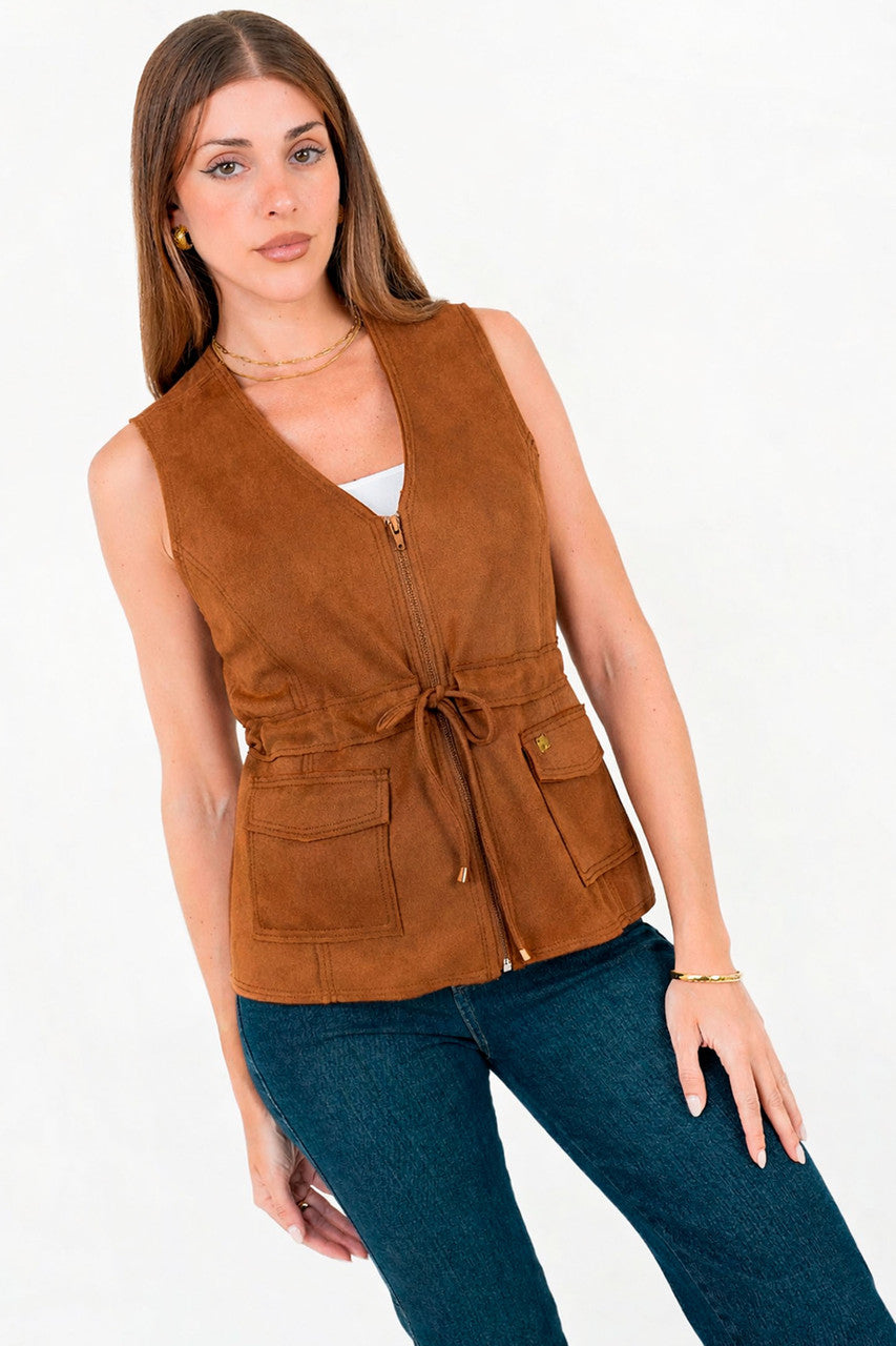 Chaleco Suede con Cremallera y Escote V