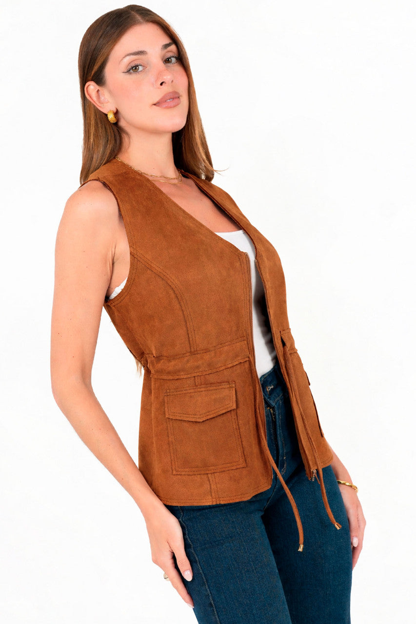 Chaleco Suede con Cremallera y Escote V