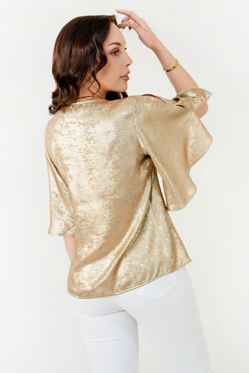 Blusa Manga 3/4 Seda Foil Escote V