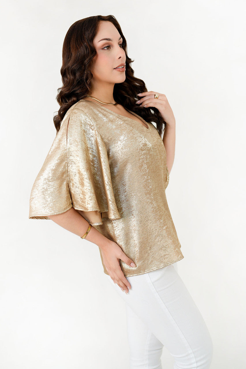 Blusa Manga 3/4 Seda Foil Escote V