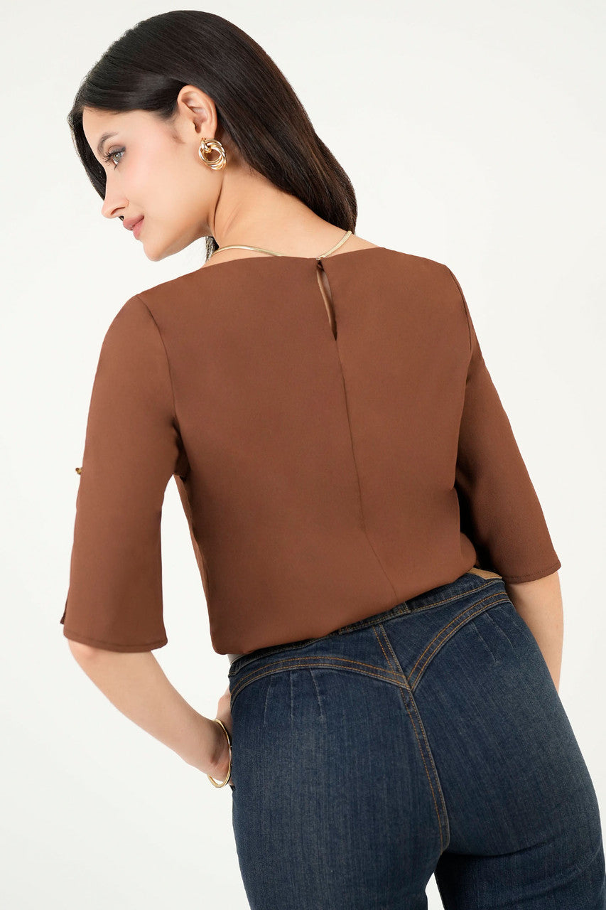 Blusa Escote Ojal Gasa Crepe Manga 3/4 Acampanada