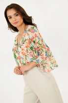 Blusa Manga 3/4 Gasa Estampada con Lazo Escote en V