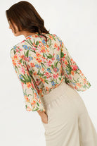 Blusa Manga 3/4 Gasa Estampada con Lazo Escote en V