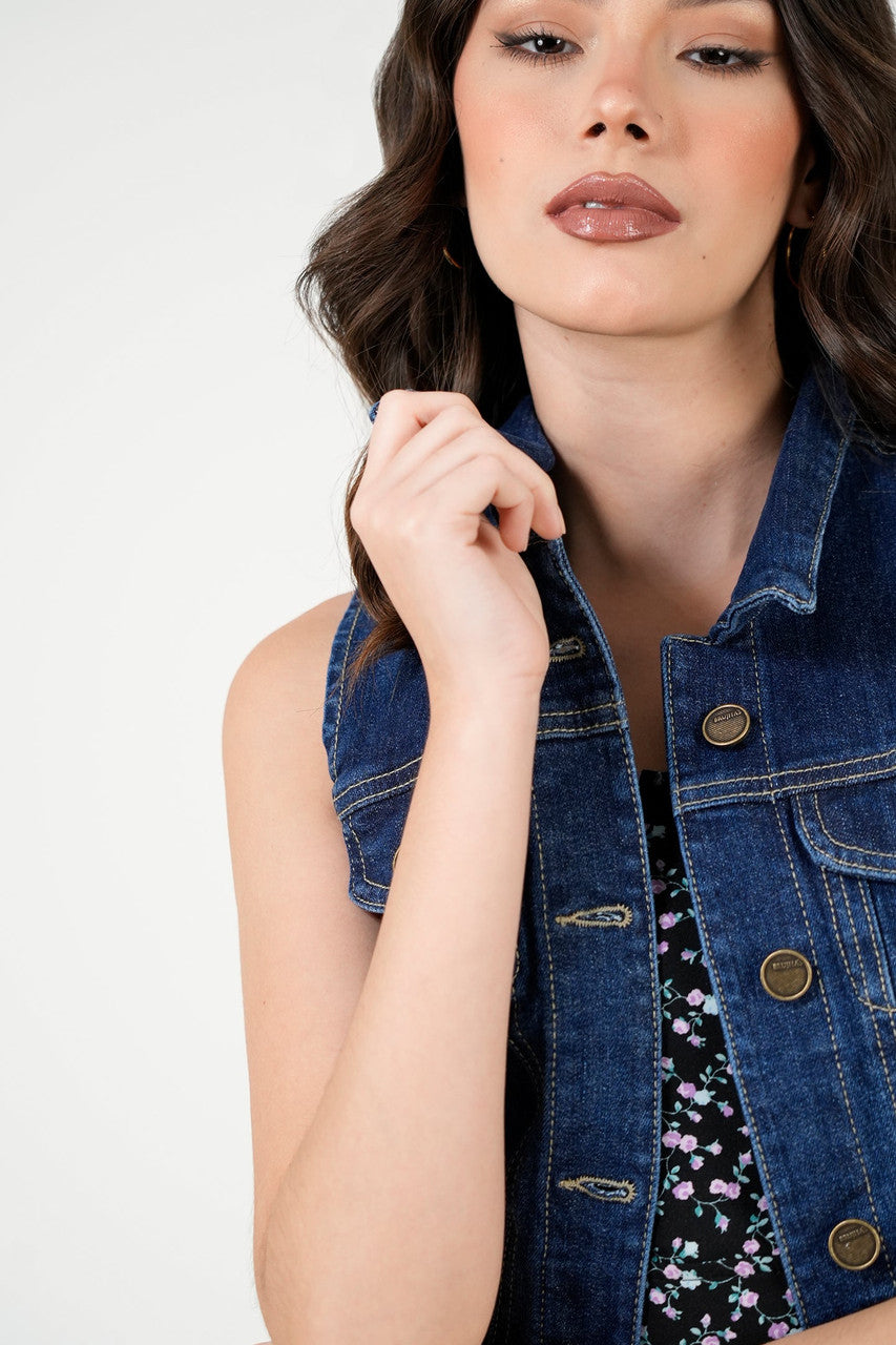 Chaleco Denim Bolsillos De Parche Botones Dorados