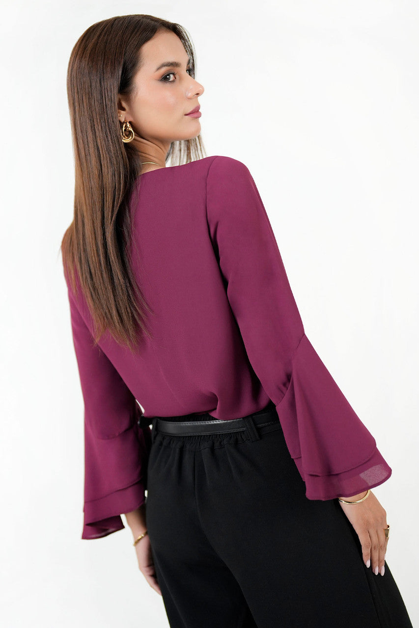 Blusa Escote Ojal Gasa Crepe con Manga Ruffle