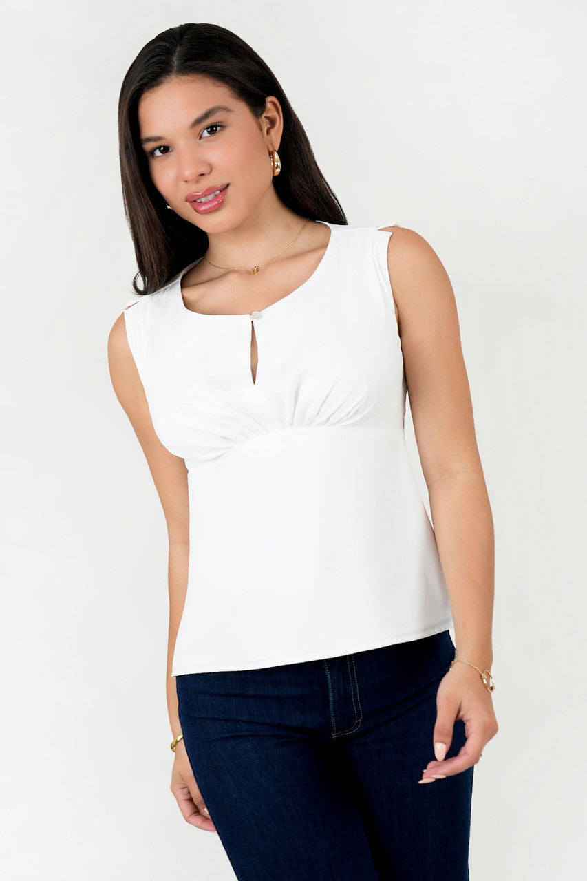 Blusa Seda Escote Ojal con Fruncido Bajo Busto
