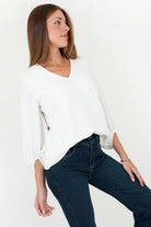 Blusa Manga 5/8 Seda Satinada Escote V con Manga Abullonada