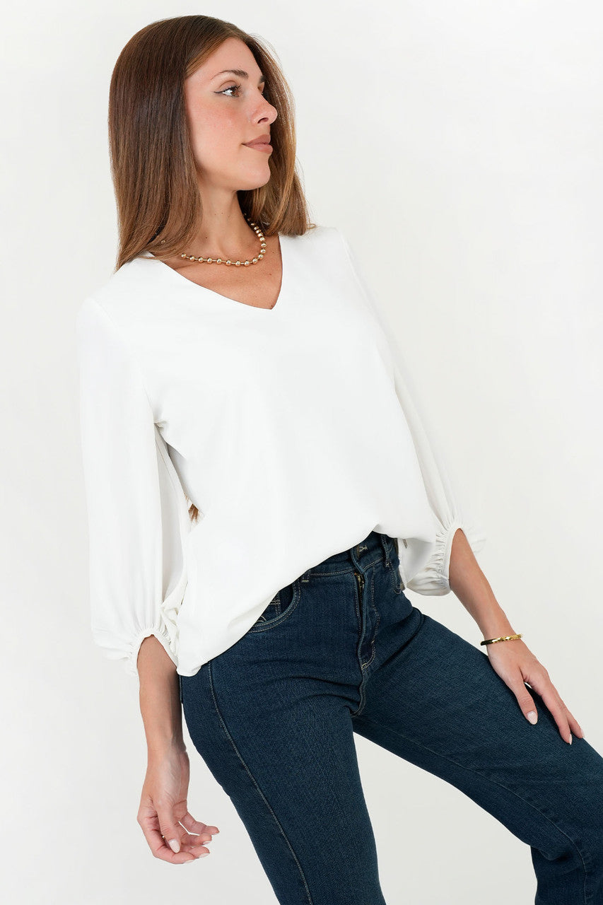 Blusa Manga 5/8 Seda Satinada Escote V con Manga Abullonada