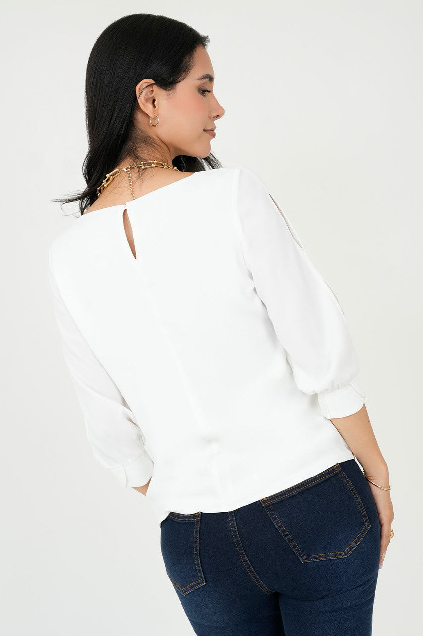 Blusa Gasa Crepe Manga 3/4 Escote Ojal con Puño Tulipán